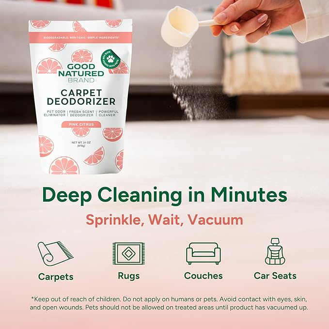 Good Natured Brand | Carpet Deodorizer & Freshener Powder | 31 oz Pet Odor Eliminator for Strong Odor & Pet Urine | Fresh Natural Pink Citrus Scent | Safe for Homes with Pets