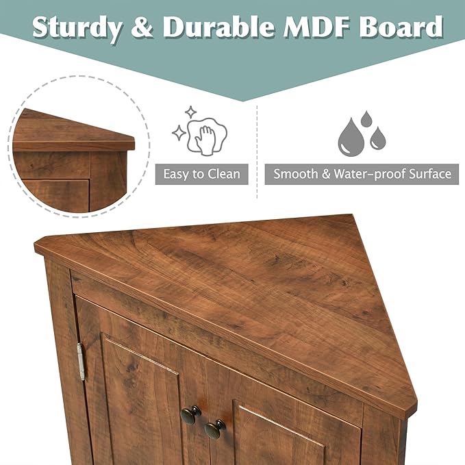 Corner Storage Cabinet with Adjustable Shelves, Triangle Bathroom & Kitchen Organizer, Freestanding Floor Cabinet for Toilet Kitchen Bathroom Cleaning Supplies (Brown)