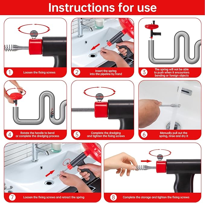 Drain Auger, Plumbing Snake Drain Hair Clog Removal Tool Use Manually or Powered for Bathtub Drain, Bathroom Sink, Kitchen Cleaning with Gloves(20ft/6M-Red)