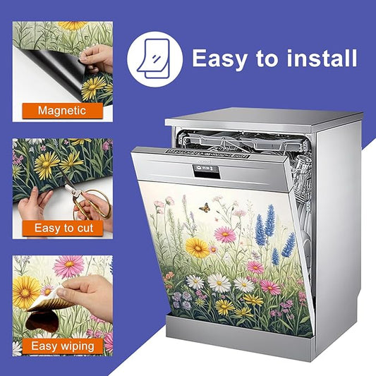 Dishwasher Magnet Cover 23x26 in Realistic Garden Wildflowers and Monarch Butterfly Magnetic Dishwasher Cover for Kitchen Appliance Decoration Front Panel Sticker Panel Home Decor