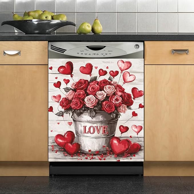 Rose Bouquets Magnet Dishwasher Decoration Cover for The Front, Vintage Country Flowers Magnetic Refrigerator Cover Skin Panel, Love Balloons Vinyl Dishwasher Sticker 23x26 inch Magnetic