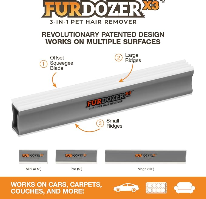 FurDozer Pet Hair Remover & Auto Detailing Tools - Cat & Dog Hair Remover for Carpets, Car Interiors, Couches, Bedding, & Pet Furniture (Gray, X3 MEGA - 10" Long) - Image 2