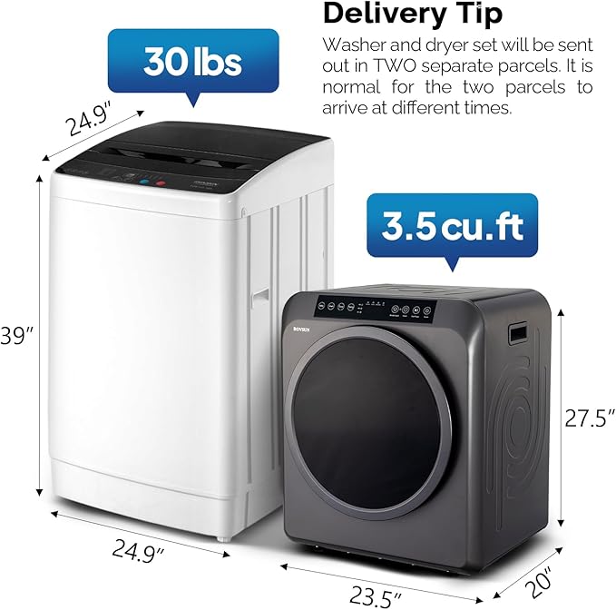ROVSUN 30LBS Full Automatic Washing Machine and 3.5CuFt Portable Clothes Dryer Set, Electric Laundry Washer and Dryer Combo Set with Stainless Steel Inner Tub, for Apartment, Dorms, Home
