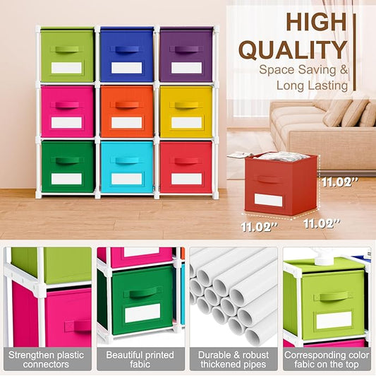 Geelin 9 Sets Cube Storage Organizer Bins with Shelf & Labels 11 Inch, Fabric Collapsible Cubby Toys Clothes Storage Drawer Unit for Daycare Nursery Playroom Bedroom Dorm Organizer (Rainbow)