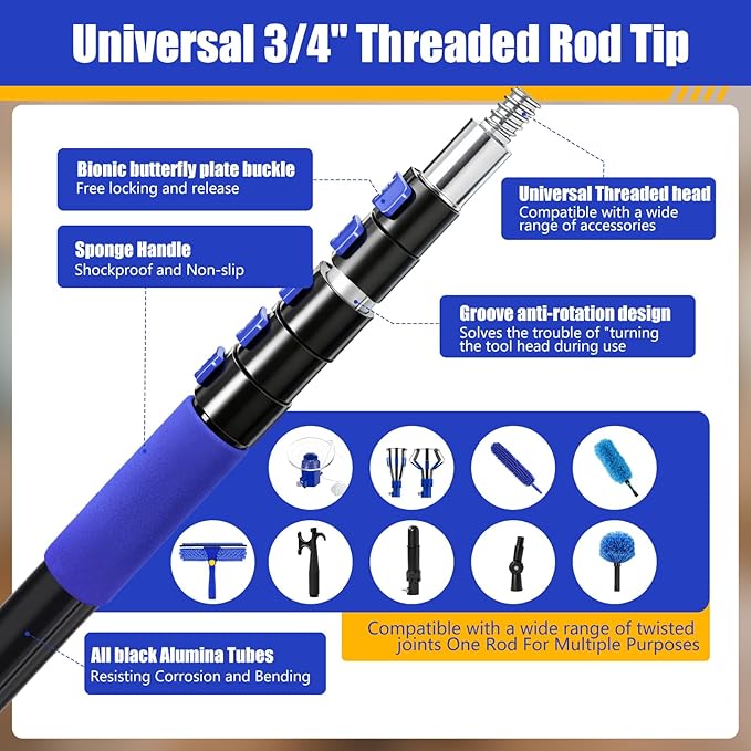 30FT Light Bulb Changer for High Ceilings with 5-24FT Heavy Duty Extension Pole,High Ceiling Ceiling Fan Cleaner Duster Kit for Home & House High Window, Interior Roof Window Cleaning Blue