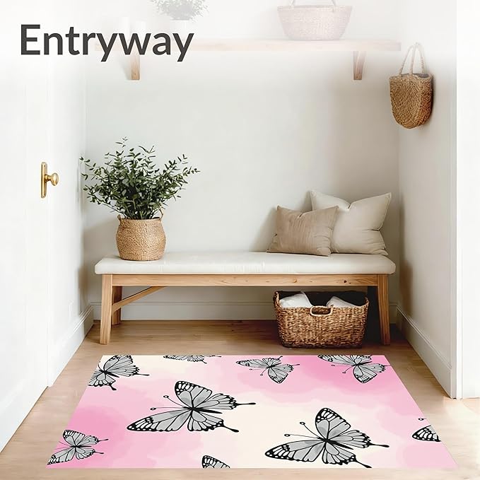 Flatwoven High Traffic Area Rug 5x7, Enchanted Wings Restroom Accessories, Non Slip, Stain Resistant, Washable Area Rugs for Living Room, Bedroom (Pink, 5x7)
