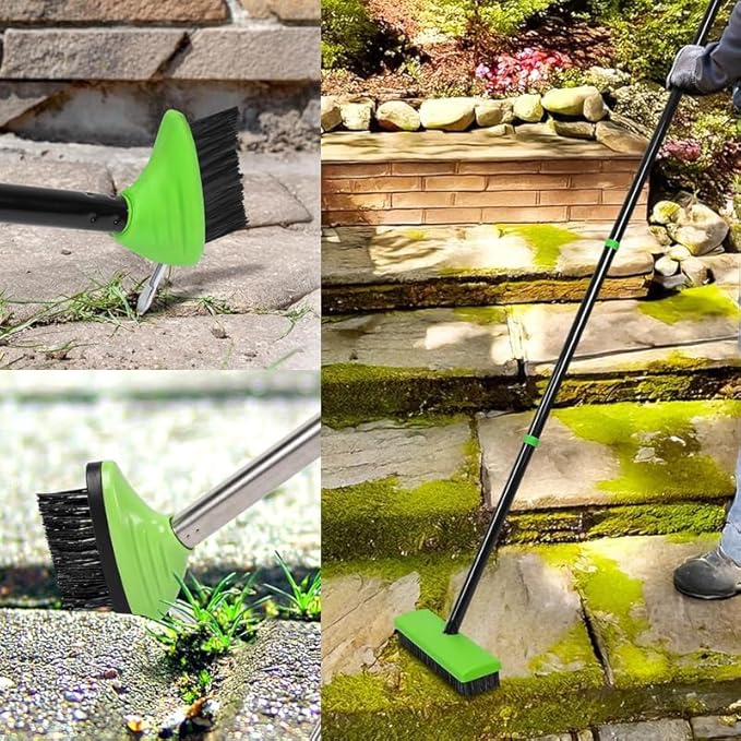 3-in-1 Weed Brush Tool Set, Adjustable Long Handle Crack Weeder & Moss Remover for Driveway, Patio, Sidewalk - Stainless Steel Crevice Cleaning Kit (1 Set)