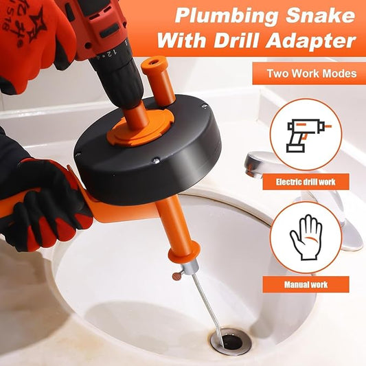 Drain Auger 25ft Clog Remover with Drill Adapter, Flexible Plumbing Snake for Kitchen, Bathroom & Shower Sinks, Hair Clog Remover, Manual or Drill Powered, Full-Set Included