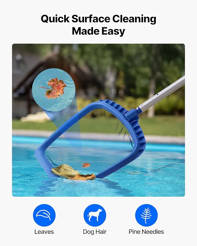 VEVOR Swimming Pool Cleaning Kit, Includes 2 Detachable Brush Heads (20 Inch / 5.5 Inch) and 2 Pool Skimmer Nets, 4-in-1 Inground/Above Ground Pools Cleaning Tools Set for Leaf, Fine Mesh, No Poles