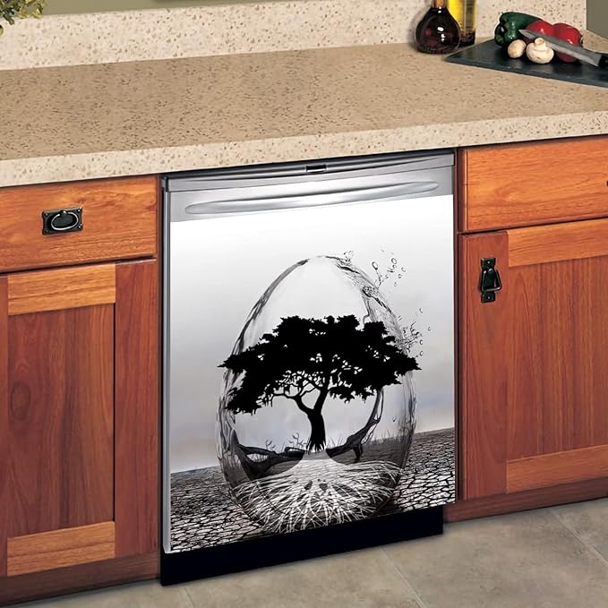 Abstract Art Dishwasher Cover Decoration Tree of Life Decal Magnetic Cover for Dishwasher Front Door Egg Shape Magnet Sticker Kitchen Dishwasher Decor Panel 23x26inch