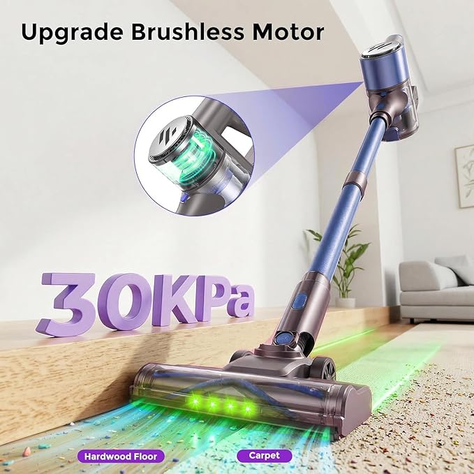 MBTTODF Cordless Vacuum Cleaner,Vacuum Cleaner for Home with Brushless Motor,Lightweight Stick Vacuum with Self-Standing and Touch Screen,Hardwood Floor Vacuum for Pet Hair,Carpets,Tile(Sky Blue)