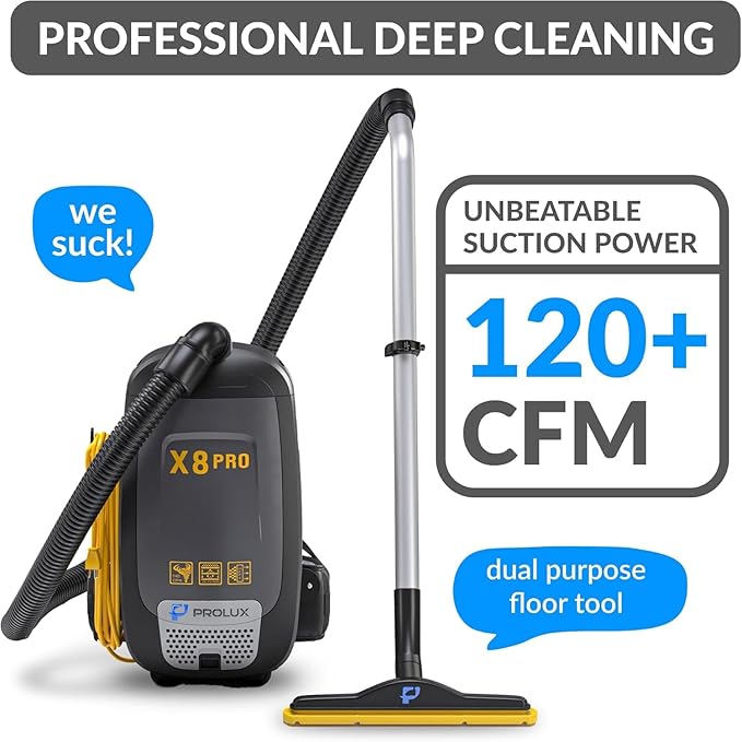 Prolux X8 Pro 10 lb Lightweight Commercial Backpack Vacuum – HEPA Filtration w/Sealed 8 Qt HEPA Bags, 120 CFM Commercial Suction, 50′ Cord, Loaded with Attachments