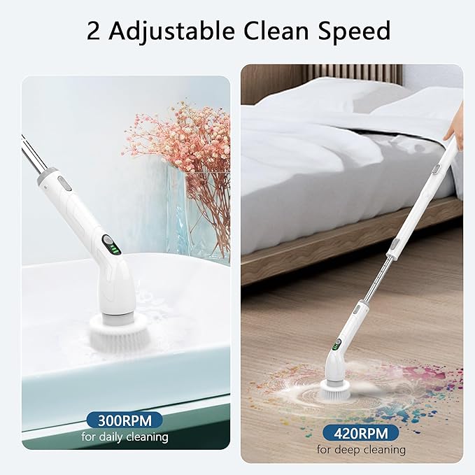 Electric Spin Scrubber, 2024 New Full-Body IPX7 Waterproof Cordless Bathroom Scrubber with 4 Replaceable Heads, Adjustable Extension Handle, Shower Cleaning Brush for Bathtub, Grout, Tile, Floor