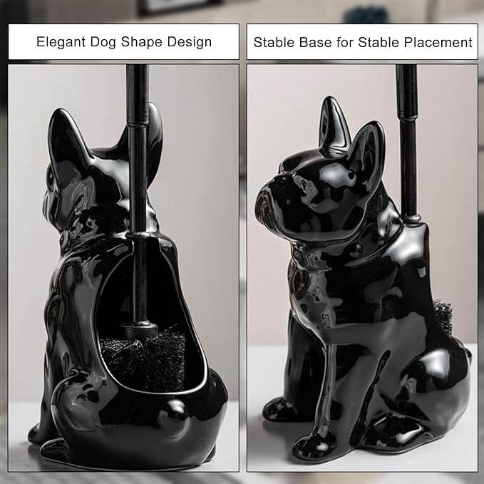 Comeon Ceramic Dog White/Black Toilet Brush and Holder Set, Plastic Handled Scrub Brush for Bathroom Cleaning,13.7"*6.3" (Black)