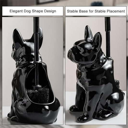Comeon Ceramic Dog White/Black Toilet Brush and Holder Set, Plastic Handled Scrub Brush for Bathroom Cleaning,13.7"*6.3" (Black)