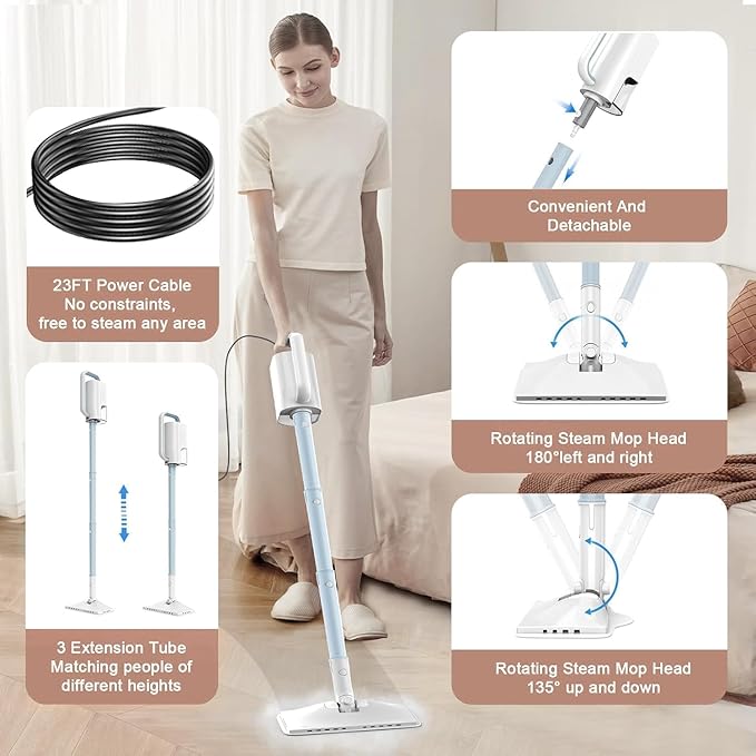 7-in-1 Steam Mop, 1200W Rotated Steam Cleaner for Home, 2 Modes, 400ML Removable Tank, 23FT Cord, 2 Washable Pads, Multi-Surface Steamer for Hard Floor, Laminate Floor, Tiles Cleaning (Peacock Blue)