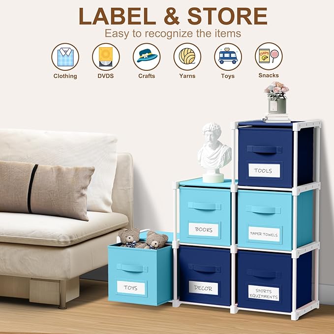 Geelin 6 Sets Cube Storage Organizer Bins with Shelf & Labels 11 Inch, Fabric Collapsible Cubby Toys Clothes Storage Drawer Unit for Daycare Nursery Playroom Bedroom Dorm Organizer (Blue Mix)