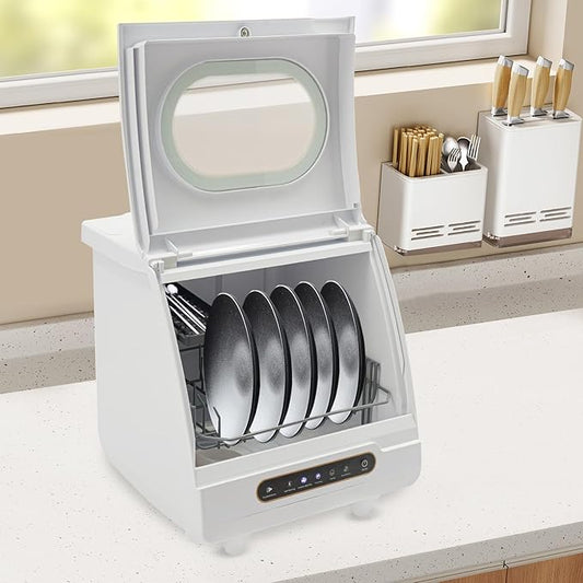 Portable Countertop Dishwasher, 1200W 110V Compact Dishes Cleaner with 360° Dual Spray& 5 Programs(Quick Wash/Strong Wash/Fruit & Veg Wash/Air Dry), Mini Dish Washer for Home, Dorm, RV & Apartment