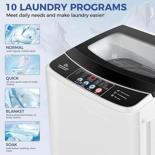 Nictemaw Portable Washing Machine 17.8Lbs 2.4 Cu.ft Full Automatic Washer Machine with 10 Programs and 8 Water Levels Small Washing Machine for Apartment, Rv, Home, Glass Cover