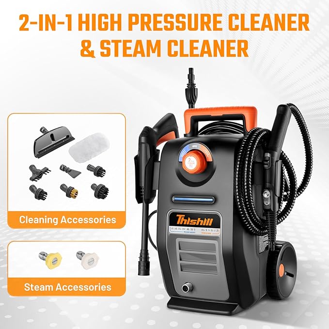 This Hill 2 in 1 Pressure Washer & Steam Cleaner, 2GPM 3000PSI with High Pressure Cleaner, 1500W High-Pressure Steamer for Cleaning, Suitable for Home, Tile, Carpet, Furniture & Personal Car Detailing