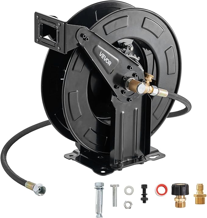 VEVOR Pressure Washer Hose Reel, 50 ft x 3/8 inch Retractable Power Heavy-Duty Steel Washer Hose Reel, 4000PSI Max, Auto-Rewinding, Flexible Wall/Floor Mounted for Car Washing,Garden,Floor Cleaning