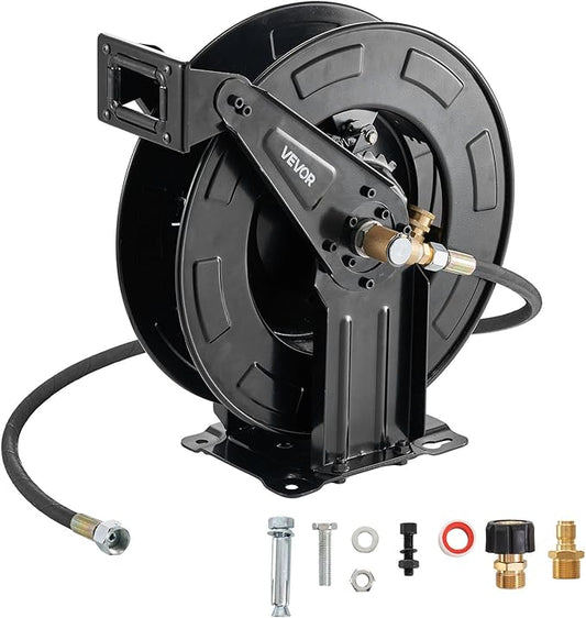 VEVOR Pressure Washer Hose Reel, 50 ft x 3/8 inch Retractable Power Heavy-Duty Steel Washer Hose Reel, 4000PSI Max, Auto-Rewinding, Flexible Wall/Floor Mounted for Car Washing,Garden,Floor Cleaning