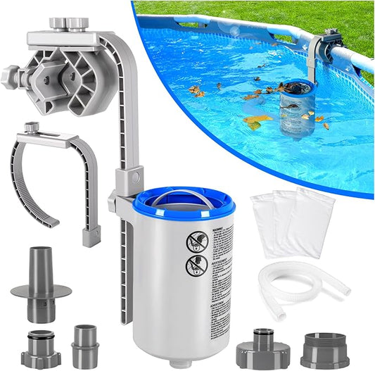 Above Ground Pool Skimmer Comes with 3 Skimmer Socks | Height-Adjustable Wall Mount Surface Skimmer | Heavy-Duty Floating Pool Skimmer - Auto-Skimming Leaves & Fine Debris from Pool Surface