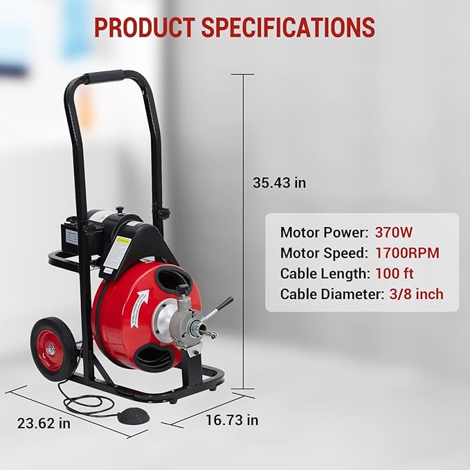 Auto Feed 100 ft x 3/8 in Drain Cleaner Machine with 370W Motor, Portable Sewer Snake Auger with 8 Cutters & Air-Activated Foot Switch, Fits 1 in to 4 in Pipes, Black & Red