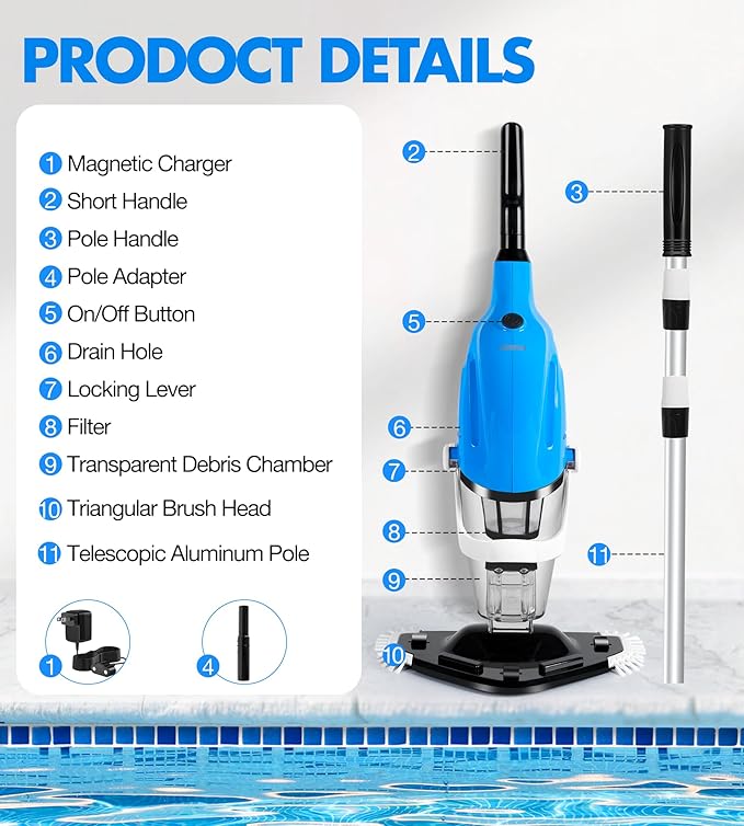 Cordless Pool Vacuum for Above Ground Pool, Magnetic Charging Handheld Pool Vacuum Cleaner, Anti-backflow Design Spa Vacuum for Hot Tub with Telescopic Pole | 18.5GPM Suction, 80-Min Runtime