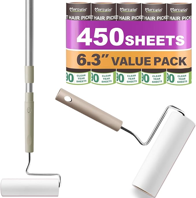 Extra Sticky Large Surface Lint Roller,6.3'' Giant Lint Roller for Pet Hair,5 Rolls 450 Sheets,Long Handle Lint Remover,Easily Remove Carpets, Clothes, Couch and Curtains Dust by MarzycielCo