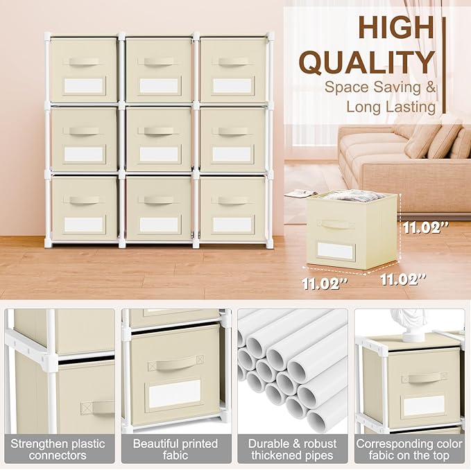 Geelin 9 Sets Cube Storage Organizer Bins with Shelf & Labels 11 Inch, Fabric Collapsible Cubby Toys Clothes Storage Drawer Unit for Daycare Nursery Playroom Bedroom Dorm Organizer (Khaki)