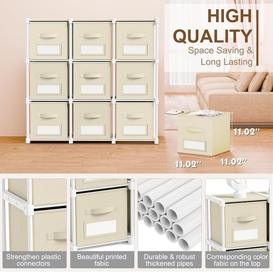Geelin 9 Sets Cube Storage Organizer Bins with Shelf & Labels 11 Inch, Fabric Collapsible Cubby Toys Clothes Storage Drawer Unit for Daycare Nursery Playroom Bedroom Dorm Organizer (Khaki)