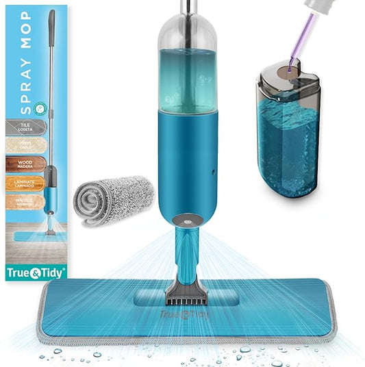 True & Tidy® SPRAY-250 Multi-Surface Spray Mop with Refillable Water Bottle for Floor Cleaning, Works on Wood, Tile, Marble etc, Use Any Cleaning Solution, Machine Washable Microfiber Mop Pads, Blue