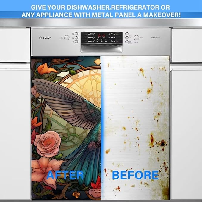 Hummingbird Kitchen Dishwasher Panel Decal, Spring Flowers Refrigerator Covers for The Front, Bird Flower Dishwasher Cover Sticker, 23" x 26" (Ordinary)