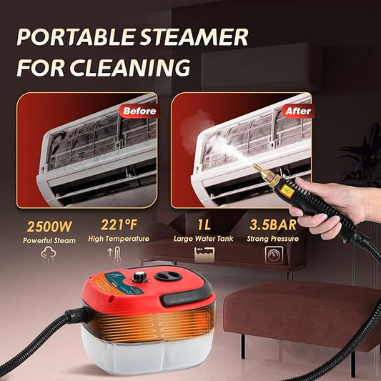 2500W Handheld Steam Cleaner, Pressurized Steam Cleaning Machine with 3 Brush Heads, 20s Heat Up, 1L Tank, Multipurpose Mini Portable Steamer for Tile, Grout, Furniture, Kitchen, Car, Home