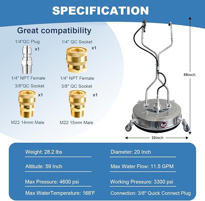 20" Pressure Washer Surface Cleaner with 4 Wheels, Stainless Steel Dual Handle Surface Cleaner for Pressure Washer 4600 PSI Attachment for Concrete, Deck, Driveways, Patios, Sidewalks