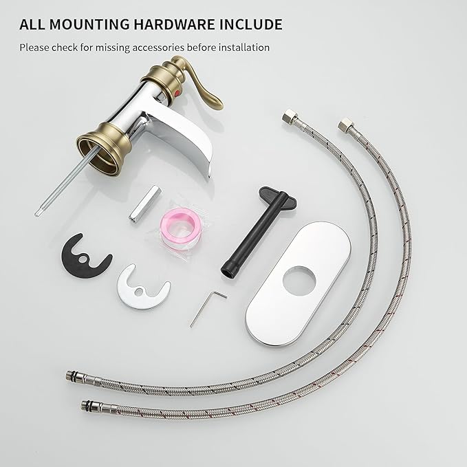 BWE Bathroom Faucet Waterfall Single Handle Chrome and Gold Vanity with Pop Up Drain Stopper with Overflow One Hole Lever Bath Sink Basin Restroom Mixer Tap Commercial Supply Line