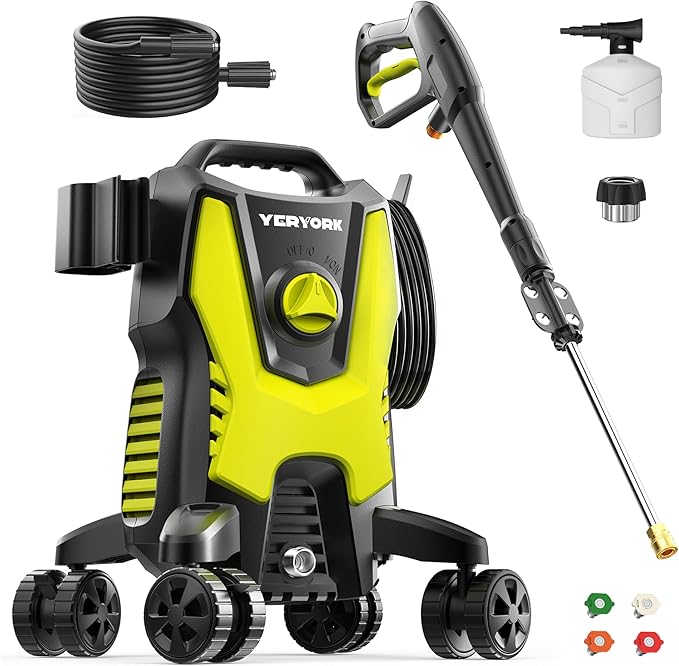 Yeryork Pressure Washer, Power Washer with 4 Lockable Wheels, Stainless Steel Lance, 4 Quick Connect Nozzles, 500ml Foam Cannon, Car Pressure Washer for Decks/Driveways/Patios (Fluorescent Green)