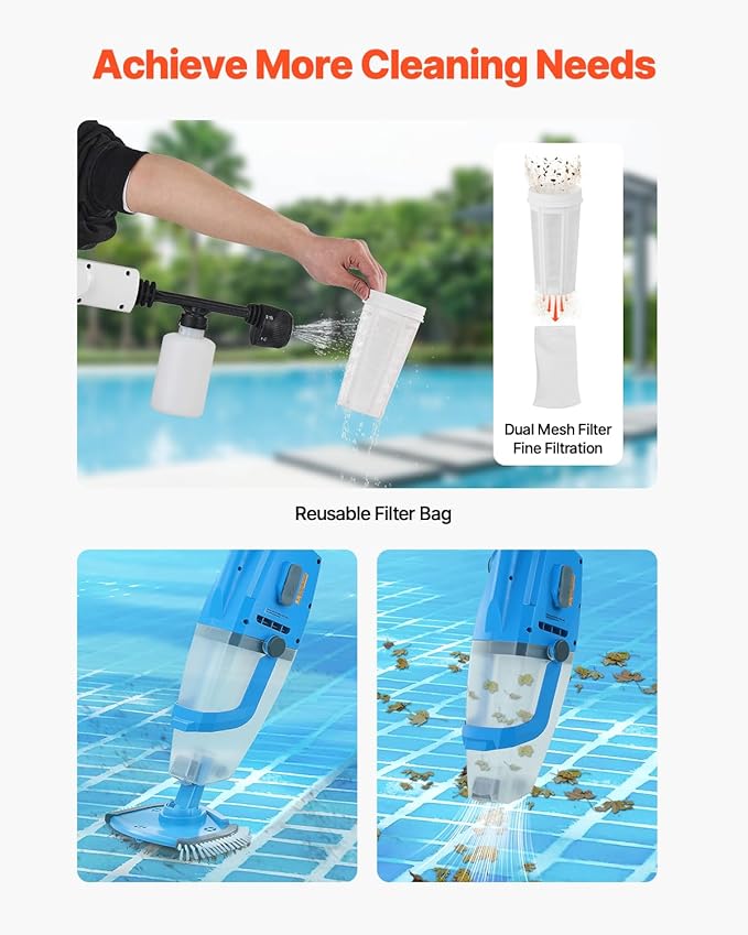 VEVOR Pool Vacuum, 26 GPM Handheld Cordless Hot Tub Vacuum with Extension Pole, for Deep Cleaning & Strong Suction, Rechargeable Pool Cleaner, Running up to 1Hour, for Above Ground/Inground Pool Spas