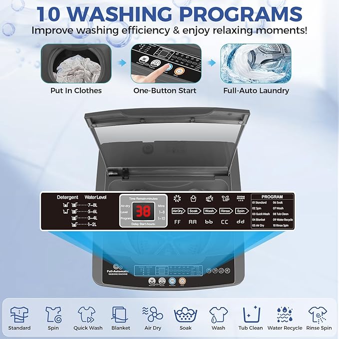 Nictemaw Portable Washing Machine, 20Lbs Capacity Portable Washer Machine, 2.8Cu.ft Washer and Dryer Combo with 10 Programs 8 Water Levels Compact Washing Machine for Apartments, Dorms, RV