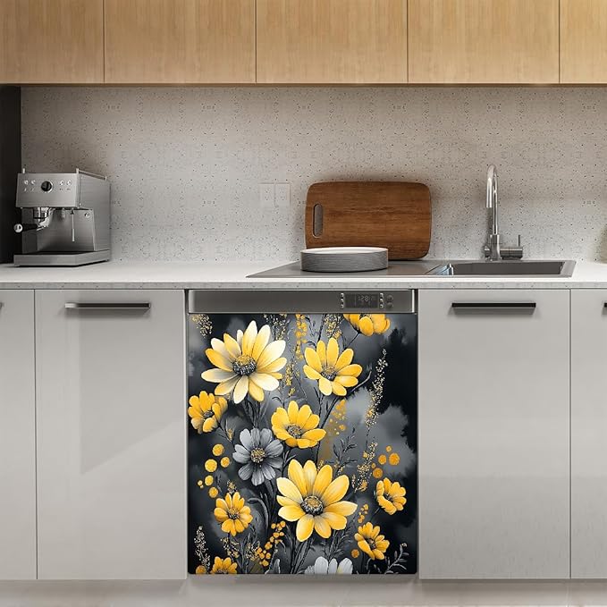 Painting Yellow Grey Flowers Dishwasher Magnet Cover Decorative Refrigerator Covers Magnetic Reusable Dishwasher Door Cover Kitchen Appliance Sticker Cover 23x26Inch