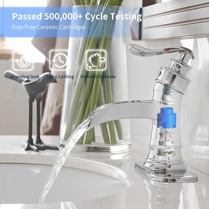 BWE Chrome Bathroom Faucet Waterfall Sink Vanity Single Hole Faucets Restroom Bath One Handle Basin centerset with Pop Up Drain Stopper Mixer Tap Overflow Supply Line