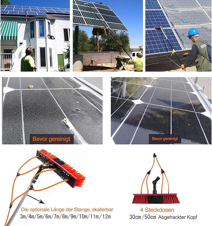 10m Telescopic Window Cleaning Pole & Brush – Extendable Solar Panel Cleaner 50cm Large Brush Head Easy Install Water-fed Equipment for Efficient Cleaning