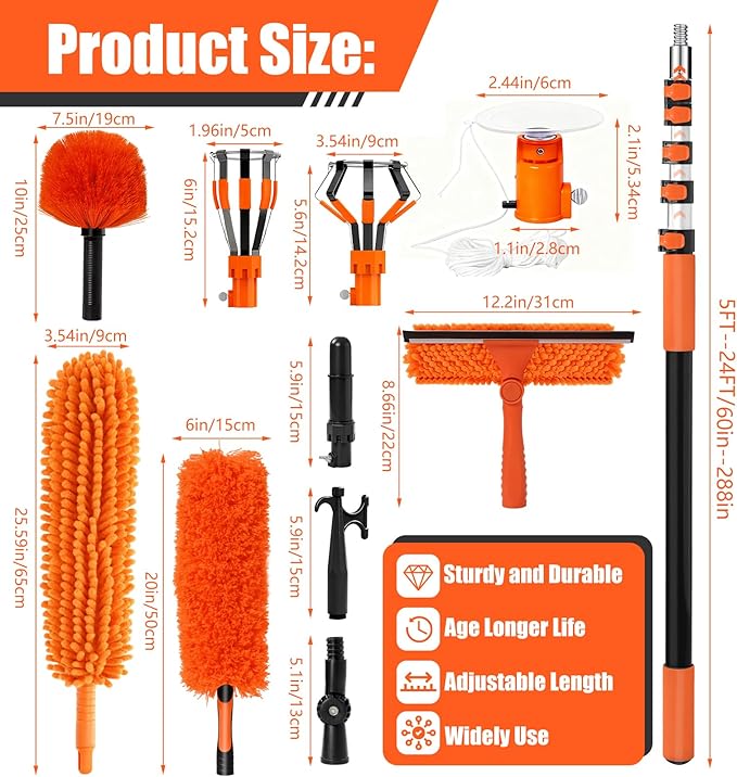 30FT Light Bulb Changer for High Ceilings with 5-24FT Heavy Duty Extension Pole,High Ceiling Ceiling Fan Cleaner Duster Kit for Home & House High Window, Interior Roof Window Cleaning Orange