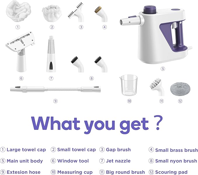 Steam Cleaner Handheld,Portable Detail Steamer for Car with 13-piece Kit,230°F Steaming for Bathroom,Grout,Tile&Shower,Mini Cleaner Running the Boiler at 25 psi,Safety Valve Splash-Free