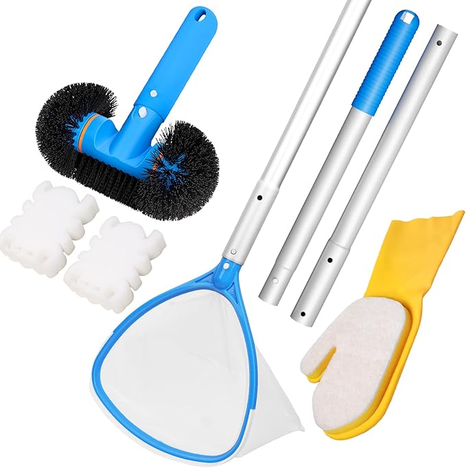 5-in-1 Spa Cleaning Set - Hot Tub Small Pools Maintenance Accessories Kit - Skimmer Net, Round Brush, 2ft Pole, Scrub Glove and Scum Absorber