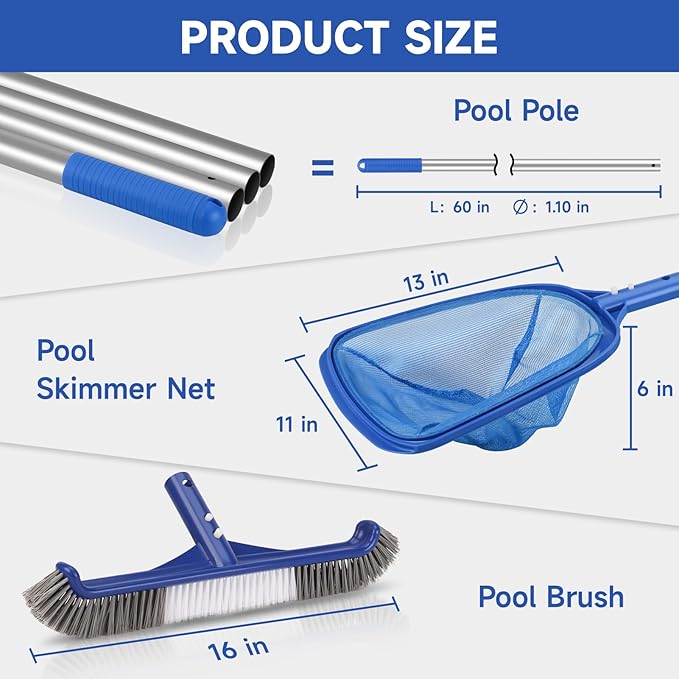 Swimming Pool Cleaning Kit - Includes Pool Skimmer Net, 18" Pool Brush with 8ft Adjustable Pole, Pools Maintenance Kits for Inground & Above Ground Swimming Pools, Removes Debris