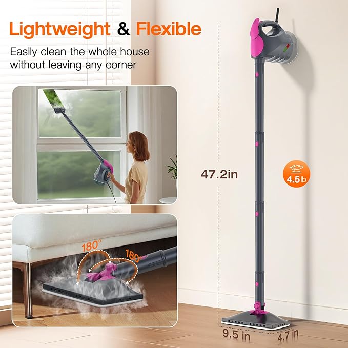 ScrubWiz 10-in-1 Steam Cleaner, Steam Mop & Detachable Handheld Steam cleaner with 320ml Water Tank, 10s Fast Heating, Portable Steamer for Kitchen, Floor, Tiles, Window, BBQ Grill, Car, Mid Gray