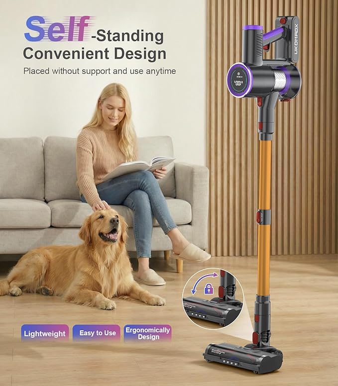 Cordless Stick Vacuum Cleaner: 550W 50KPA 45Mins with Powerful Suction, Self-Standing Lightweight Wireless Rechargeable Handheld Vacuum with Touch Screen for Home Pet Hair/Carpets/Floors