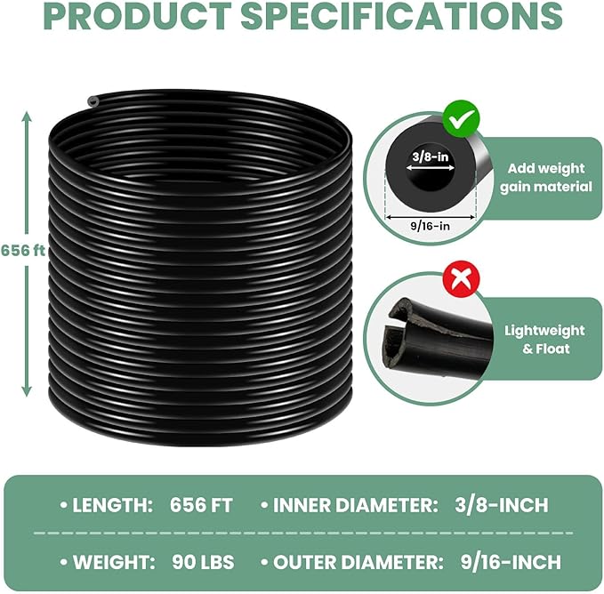 Self Sinking Aeration Hose 656 Ft, 3/8 Inch Gutter Cleaning Tools with Hose Clamps & Menders, Easy Installation, PVC Pipe for Pond, Fountain, Irrigation(Black)
